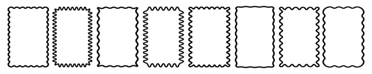 Cloudy wave curve edge frame vector set black color wavy scalloped doodle drawn style for decoration, funky zigzag