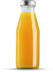 Mockup of a glossy transparent bottle with orange juice, metal cap, png