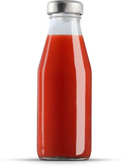 Mockup of a glossy transparent bottle with tomato juice, metal cap, png
