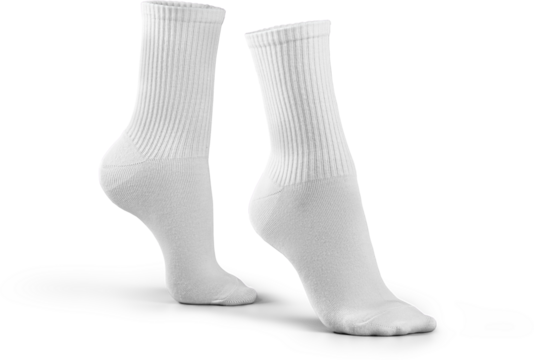 Mockup of high, long white socks 3d rendering, png, side view