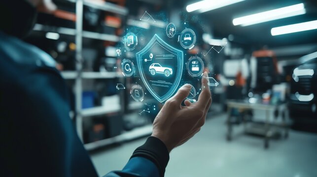 Mechanic's hand grasping a virtual shield with floating car service icons, representing advanced customer support, diagnostics, and repair solutions, set in a sleek, modern garage environment