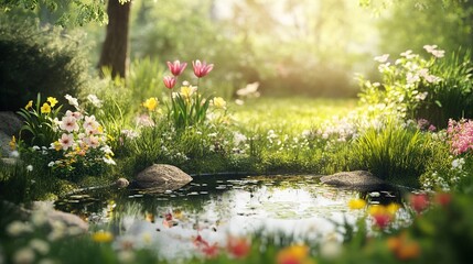 Serene Garden Scene with Colorful Flowers and Pond