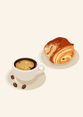 Espresso cup and chocolate bread on a plate. Breakfast theme. Bakery concept. Vector illustration. Coffee time.