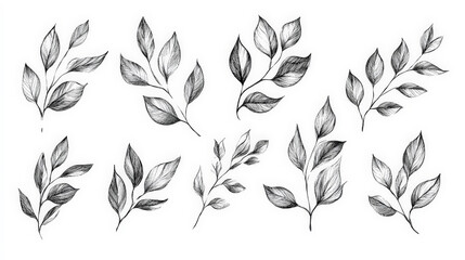 Trendy set of black silhouettes of leaves on a white background, made with ink, rough brushstrokes. Generative AI