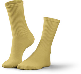 Mockup of high, long yellow socks 3d rendering, png, side view