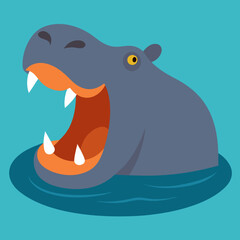 Vector Illustration Showcasing a Hippopotamus Half Submerged in Water with a Large Mouth

