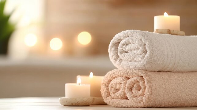 2409_044.a tranquil spa environment showing a serene massage room where soft towels and candles are set up, alongside a therapist preparing for a full body massage session
