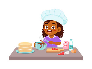happy cute little kid boy and girl wear chef uniform and cooking a birthday cake