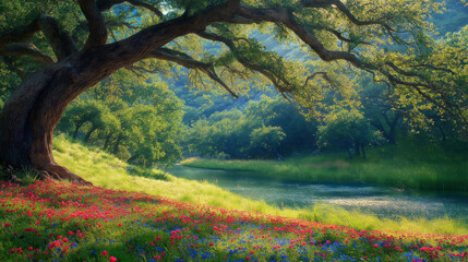 A breathtaking natural landscape. Dominating the foreground is a large, twisted tree with sprawling branches, its leaves a vibrant shade of green.