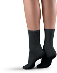 Mockup of high, long black socks on women's legs, png, side view