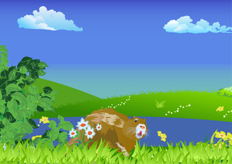 Nutria rat eating into it natural habitat on the border of a river. Vector landscape illustration.