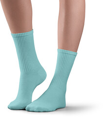 Mockup of high, long blue socks on women's legs, png, side view