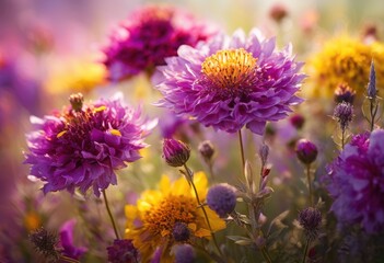 vibrant close colorful wildflowers showcasing rich details blurry pastel background, petals, blossoms, plants, stems, colors, bouquets, nature, gardens