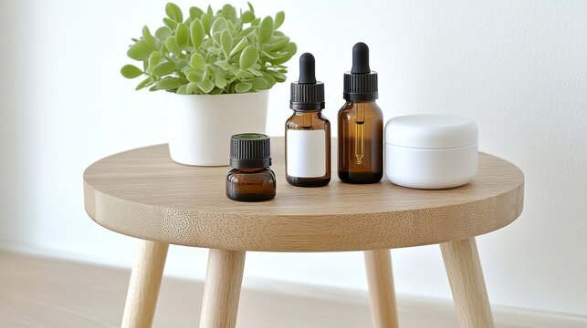 2409_052.an elegant wooden table with various skincare products including a derma roller, essential oils, and a small plant, set against a light, soothing background perfect for promoting self-care