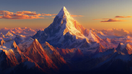 A breathtaking mountainous landscape during what appears to be either sunrise or sunset. The dominant peak, bathed in a soft, golden hue, stands tall amidst a sea of jagged, snow-capped peaks.