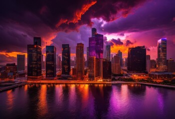 Fototapeta premium vibrant depictions dynamic weather urban landscapes featuring stormy radiant reflections city skylines, architecture, cityscape, light, shadow, pavement