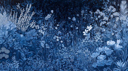 Fototapeta premium A serene and detailed depiction of a garden or meadow. Dominated by shades of blue and white, it features a variety of plants, from tall grasses to delicate flowers