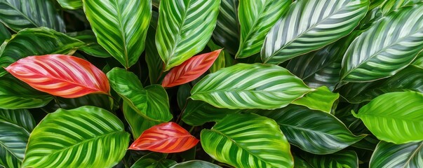 Naklejka premium A vibrant arrangement of green and red leaves showcases the beauty of nature, highlighting their intricate patterns and textures.