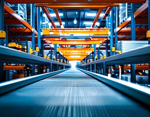 A clean and modern warehouse with automated conveyor belts, robotic forklifts, and smart technology tracking every item in real-time