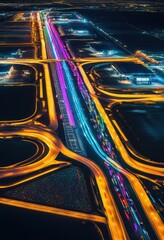 aerial view dynamic airport runway illuminated vivid night lights captured drone, takeoff, landing, terminal, travel, aviation, flight, horizon, technology