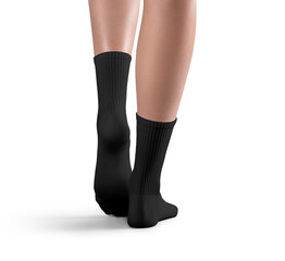 Mockup of high, long black socks on women's legs, png, back view