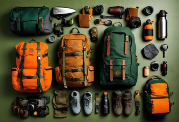 comprehensive stylish adventure gear flat lay showcasing functional travel essentials enthusiastic explorers, backpack, flatlay, map, compass, camera