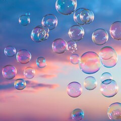 Iridescent Soap Bubbles Floating in Pastel Pink and Blue Sunset Sky, Abstract Dreamy Atmospheric Texture Background