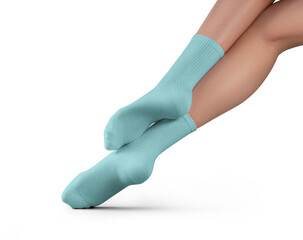 Mockup of high, long turquoise socks on women's legs, png, back view