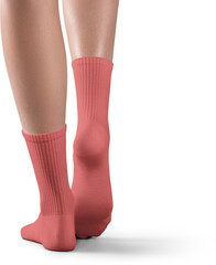 Mockup of high, long red socks on women's legs, png, back view