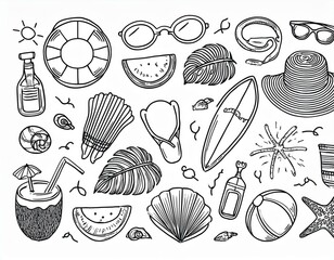 line art vacation summer objects  illustrations, simple minimalist sea and ocean items and accessories graphic, logo isolated on white background