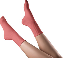Mockup of high, long red socks on women's legs, png, side view