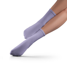 Mockup of high, long violet socks on women's legs, png, front view