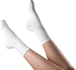 Mockup of high, long white socks on women's legs, png, side view