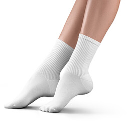 Mockup of high, long white socks on women's legs, png, side view