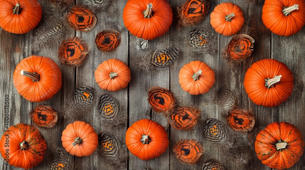 Sticker Repeating pattern of pumpkins and turkey feathers on a rustic wooden background.