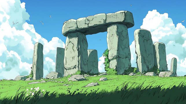Ancient Stone Pillars in a Green Field.