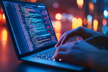 Web developer debugging a website on a laptop, late-night working environment with soft light from the screens