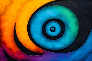 Colorful spiral with a rainbow inside. The spiral is purple, blue, and orange. Rainbow golden spiral tie dye background pattern with swirls creating a festive and boho backdrop