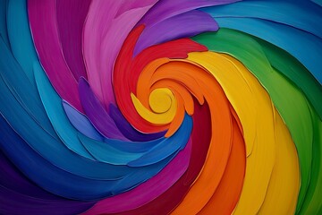 Colorful spiral with a rainbow inside. The spiral is purple, blue, and orange. Rainbow golden spiral tie dye background pattern with swirls creating a festive and boho backdrop