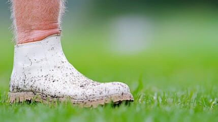 2409_117.a close-up of a foot with visible mold patches, set against a blurred background of wet grass, highlighting the harmful effects of leaving feet damp and dirty