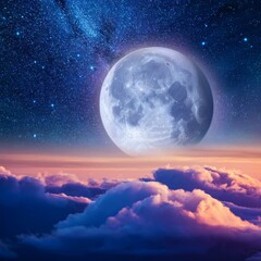 Obraz premium Romantic Moon Shining Over Cloudscape in Starry Night Sky with Vibrant Colors, Ethereal Atmosphere for Dreamy and Serene Themes