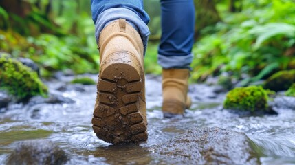 2409_120.a vibrant nature scene showing a hiker at a stream, with one foot in the water and the other muddy, representing the joys of nature while reminding about the risks associated with dampness