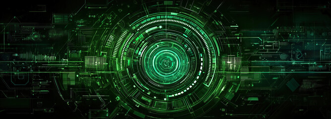 Fototapeta premium This artwork showcases a vibrant green tech background, highlighting intricate circuitry and digital patterns, representing artificial intelligence and advanced technology