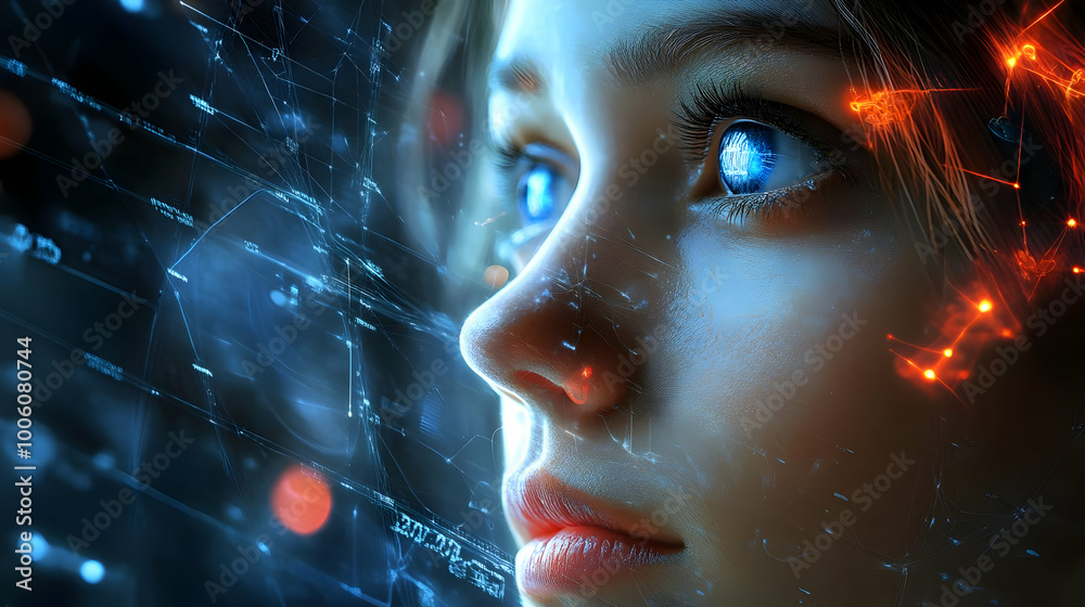 Poster Digital Woman: Futuristic Portrait with Glowing Lines