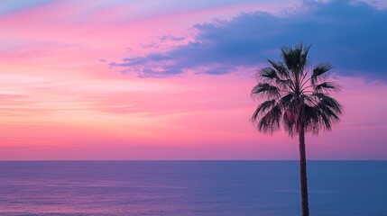 Obraz premium Mallorca, Spain: Vibrant pink and blue hues illuminate the sunset sky above the Mediterranean Sea. A solitary palm tree stands tall against the ethereal backdrop, creating a picturesque coastal scene.