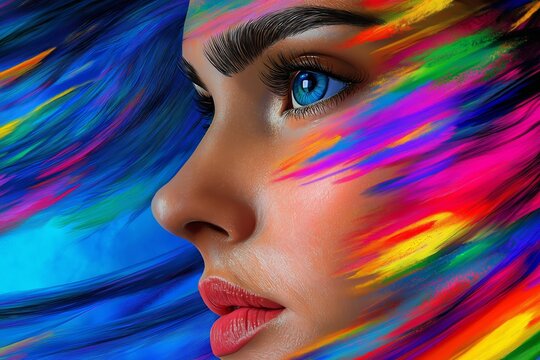 Woman with pink lips and a pink face. The lips are very full and the face is covered in glitter. Futuristic female portrait with a network of bright cyber particles, blending human and digital worlds