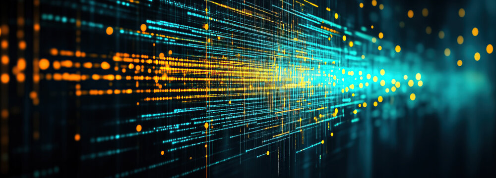 Innovative artificial intelligence technology background showcasing vibrant blue and yellow lines on a dark web banner