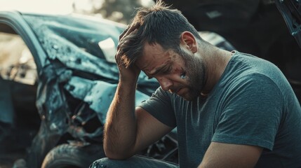 Obraz premium Man in disbelief and sorrow following destructive car accident