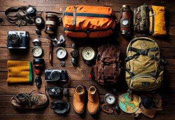 dynamic travel insurance flat lay featuring adventurous travel gear including outdoor equipment, adventure, backpack, hiking, map, navigation, compass