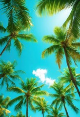 vibrant palm trees clear blue sky radiant sunlight tropical atmosphere, background, island, vacation, nature, landscape, exotic, summer, greenery, coast
